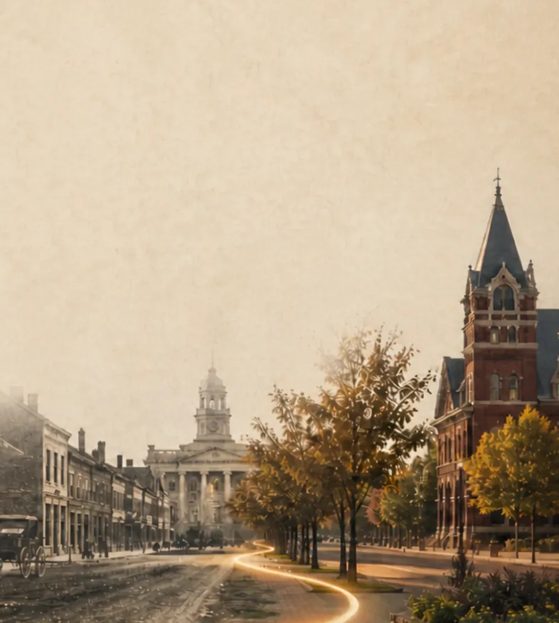 A historic city street dissolving into the same place today, connected by a golden route.