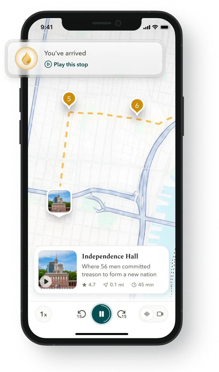 The GenStory app showing a city map with tour stops and the Independence Hall listing.