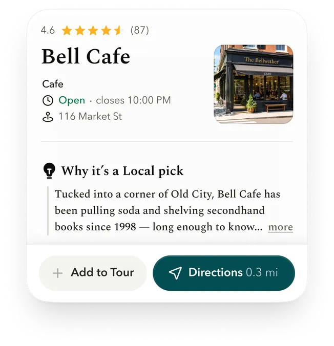 A local listing card for Bell Cafe with hours, rating, and directions